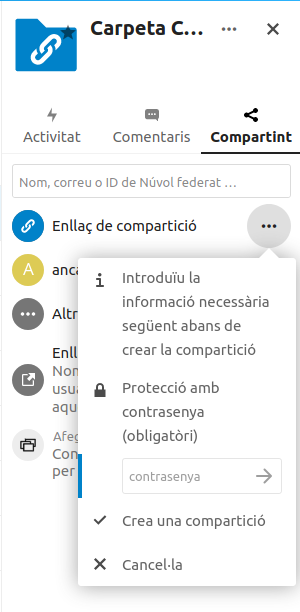 menu per crear un enllaç de compartició